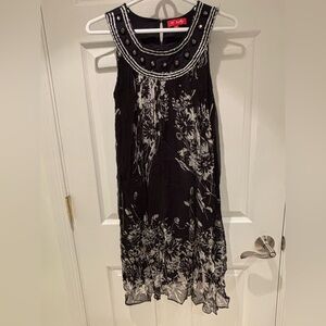 K Derhy Black Floral Tulle Midi Dress - Sleeveless with Handmade Beaded Neckline